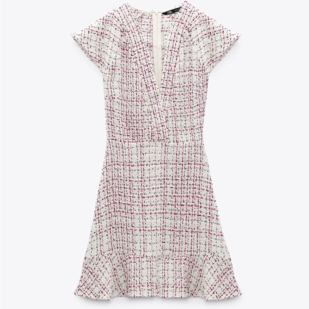 Zara Textured Weave Tweed Dress With Ruffles